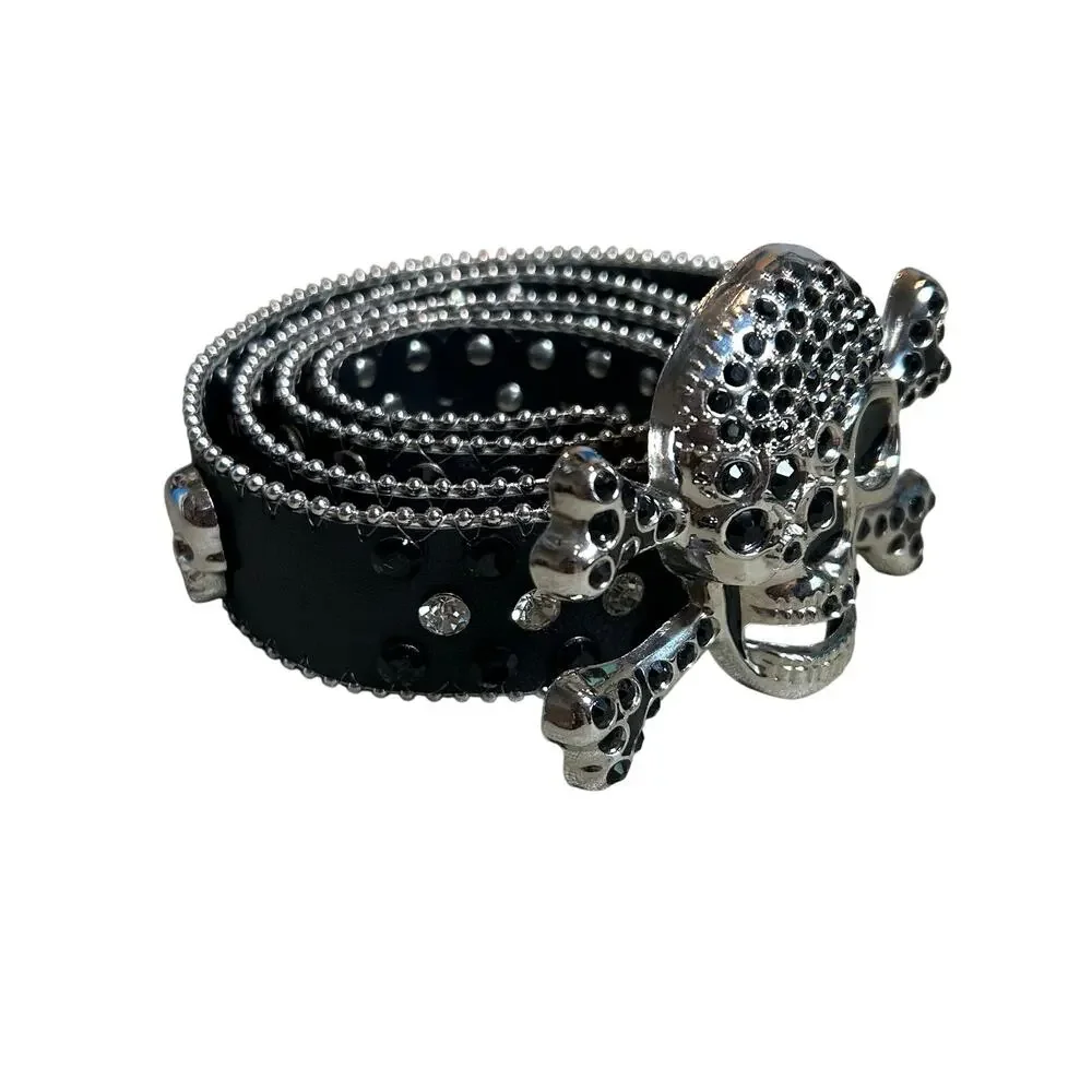 Pirate Belt Silver Rhinestone Skull Black Leather Glam Rock Goth Y2K Punk Grunge
